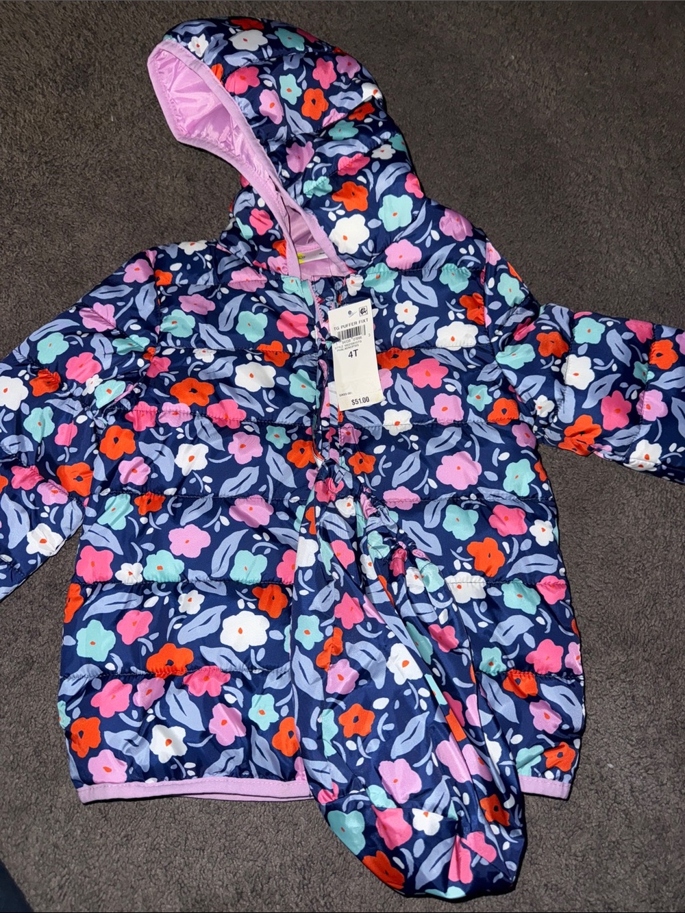 Epic Threads Navy Floral Puffer Jacket with Pink Lining